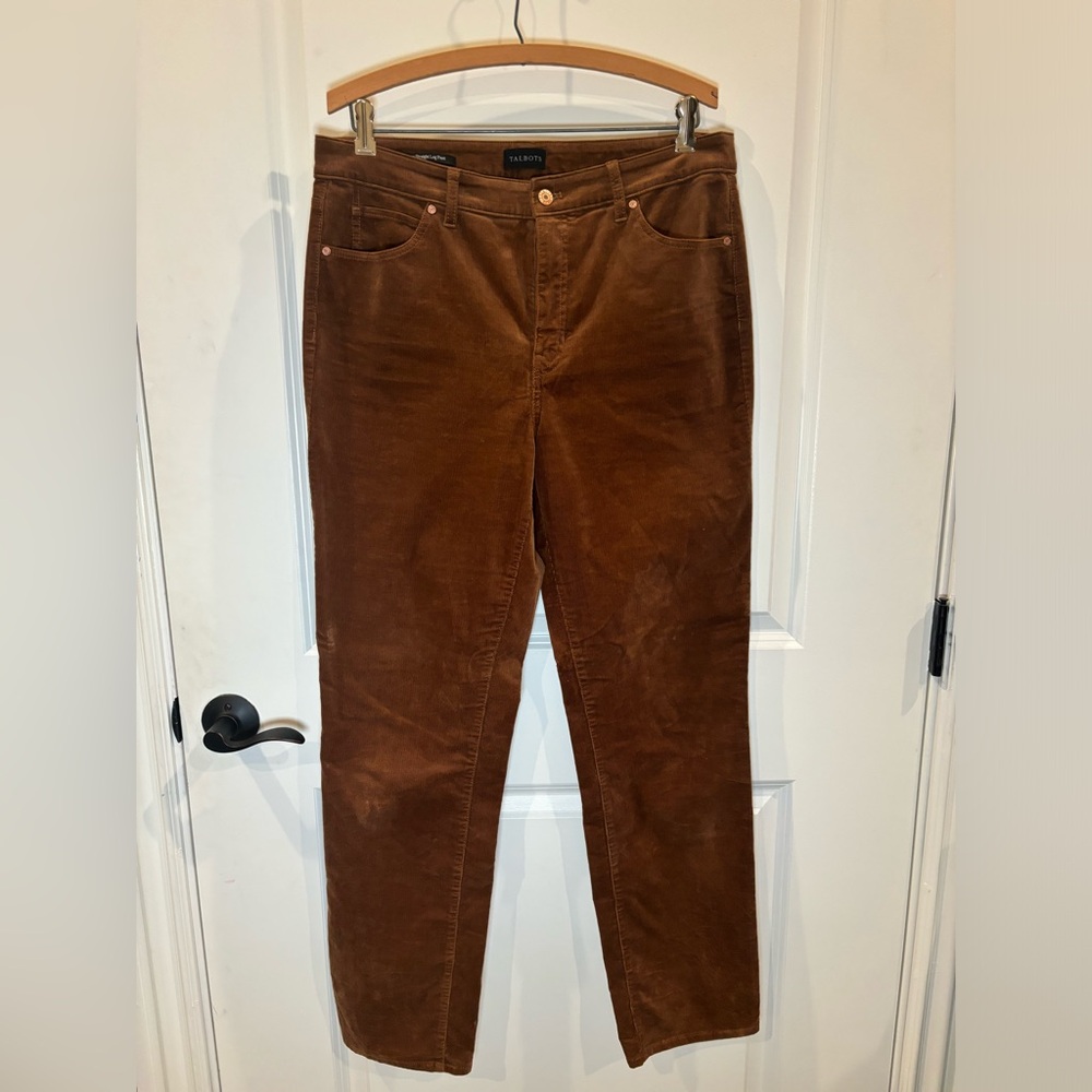 Stretch Corduroy Straight Leg Pants- Solids, Size 10, Color Caramel